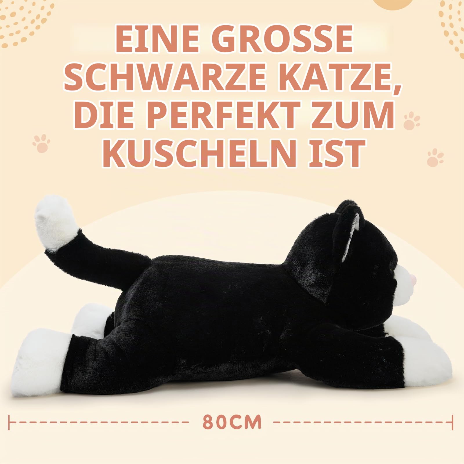 MorisMos Katze Plüschtier 80 cm Lang, Schwarzes Katzen Kuscheltier XXL, Weiches Plüschtier Katze Kissen, Liegende Katze Stofftier für Kinder, Mädchen, Jungen, Geburtstag Weihnachten Geschenk 6