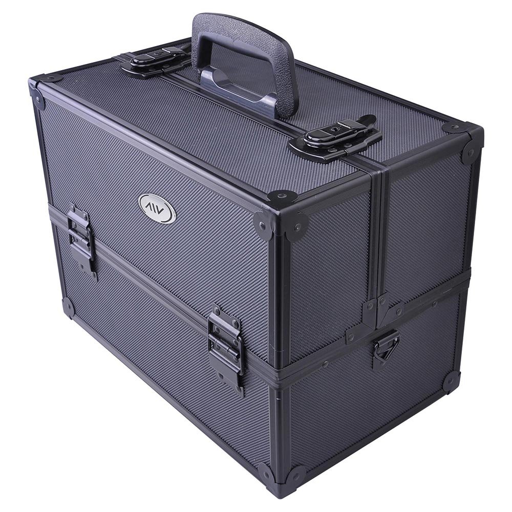 AW Aluminum Makeup Artist Train Case Cosmetic Lockable Organizer Box Shoulder Bag Storage With Dividers 6 Trays Black