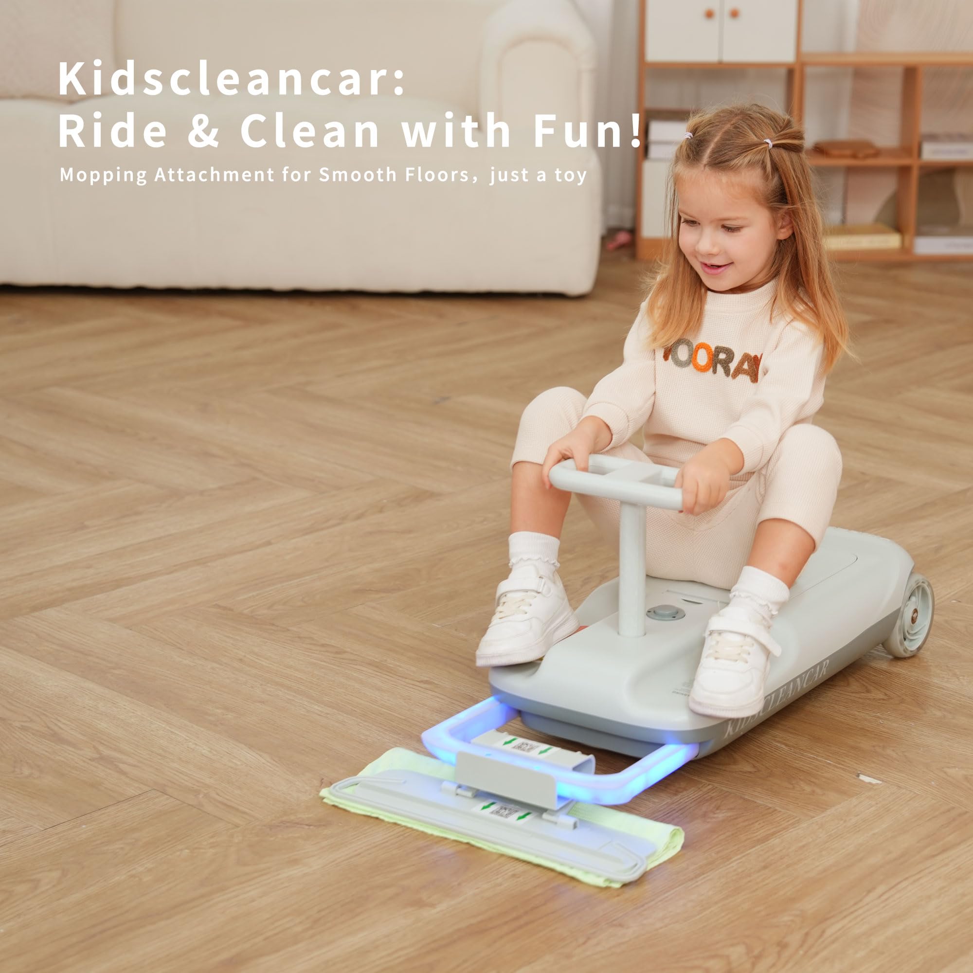 kidscleancar 12V Ride-On Car with Cleaning Fun, 3 in 1 Gokart, Soft-Start, 5-Speed Adjustable, Detachable mop, Rechargeable Battery, 160lbs Capacity, Indoor & Outdoor for Kids Ages 3+ Gray