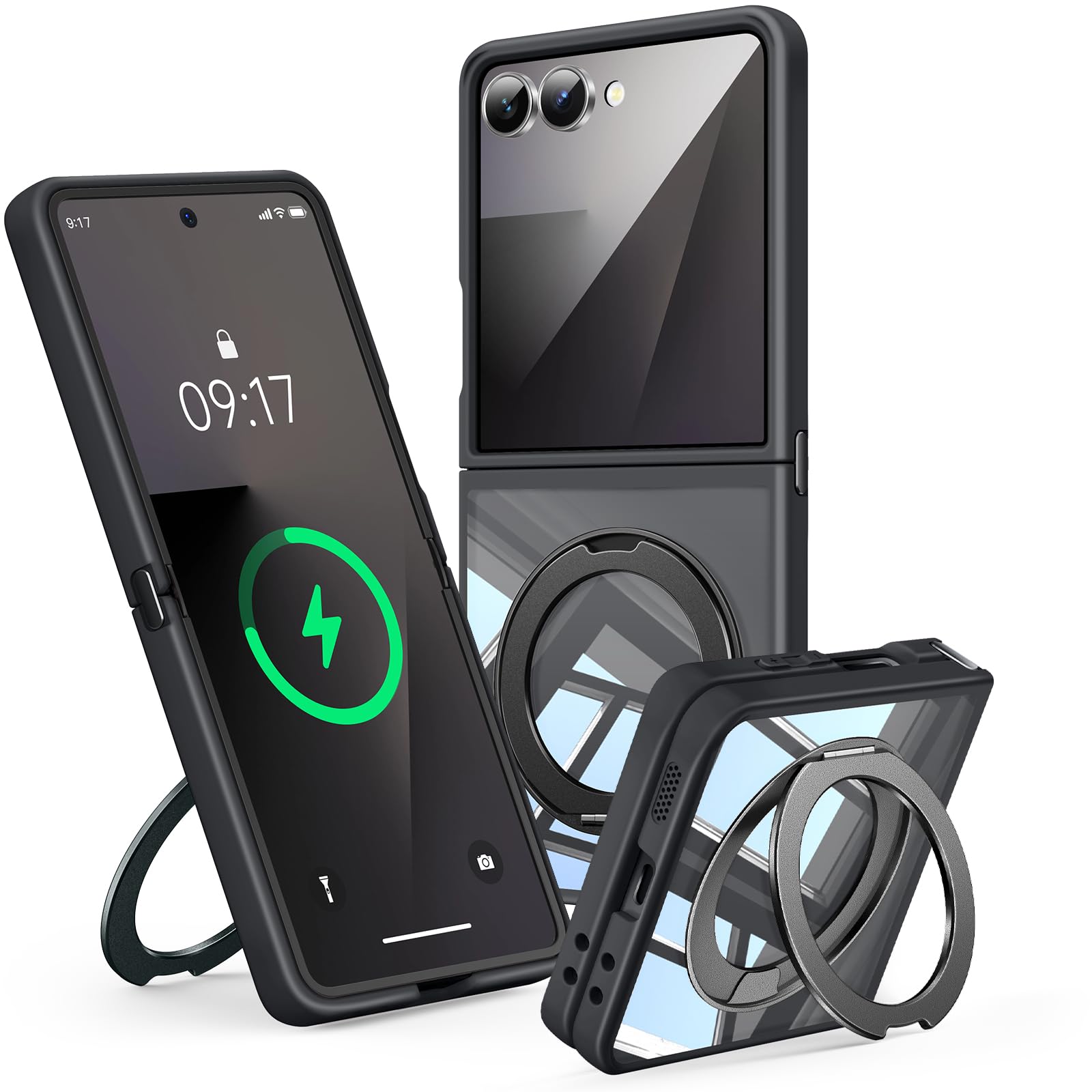 Photo 1 of ?360° Spin Magnetic Stand? Case for Galaxy Z Flip 7 ?Fit for MagSafe & Pixelsnap? Cover with Ring Holder ?No-Yellow Crystal Clear? Camera Protection Phone Samsung Galaxy Z Flip 7 Case - Black