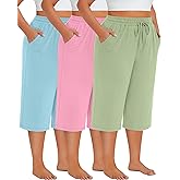 Neer 3 Pack Women's Plus Size Cotton Capris, Stretchy Wide Leg Cropped Pants with Pockets Loose Lounge Pajama Sweatpants