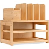 Homde Desk Organizer with File Holder: 3-Tier Bamboo Organization for Desks | Desktop Letter Paper Tray Storage with Adjustable Pen Holding - Natural Color for Workplace Home School