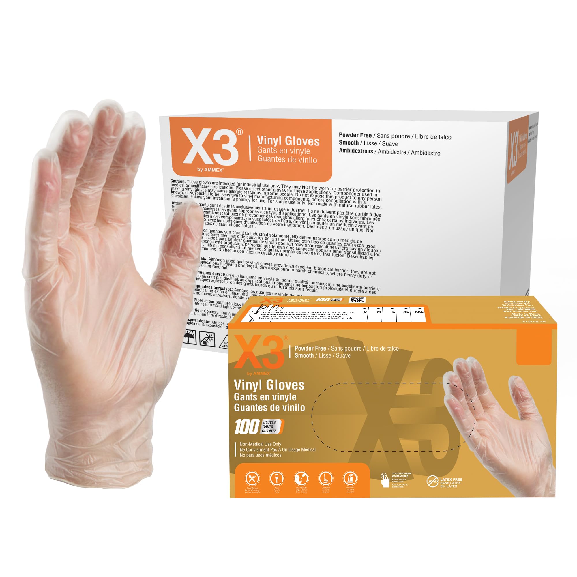 X3 Clear Vinyl Disposable Industrial Gloves, 3 Mil, Latex & Powder-Free, Food-Safe, Non-Sterile, Smooth, Small, Case of 1000 Image X3 Clear Vinyl Disposable Industrial Gloves, 3 Mil, Latex & Powder-Free, Food-Safe, Non-Sterile, Smooth, Small, Case of 1000 Image