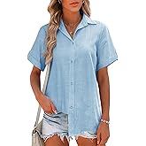 Hotouch Linen Button Down Shirt Women Roll-Up Cuffed Short Sleeve Blouses V Neck Collared Shirts Summer Beach Cotton Tops