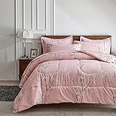 AIKASY Bed in a Bag 7 Pieces Queen Size - Floral Print - Soft Microfiber, Reversible Bed Comforter Set (1 Comforter, 2 Pillow Shams, 1 Flat Sheet, 1 Fitted Sheet, 2 Pillowcases)(Pink)