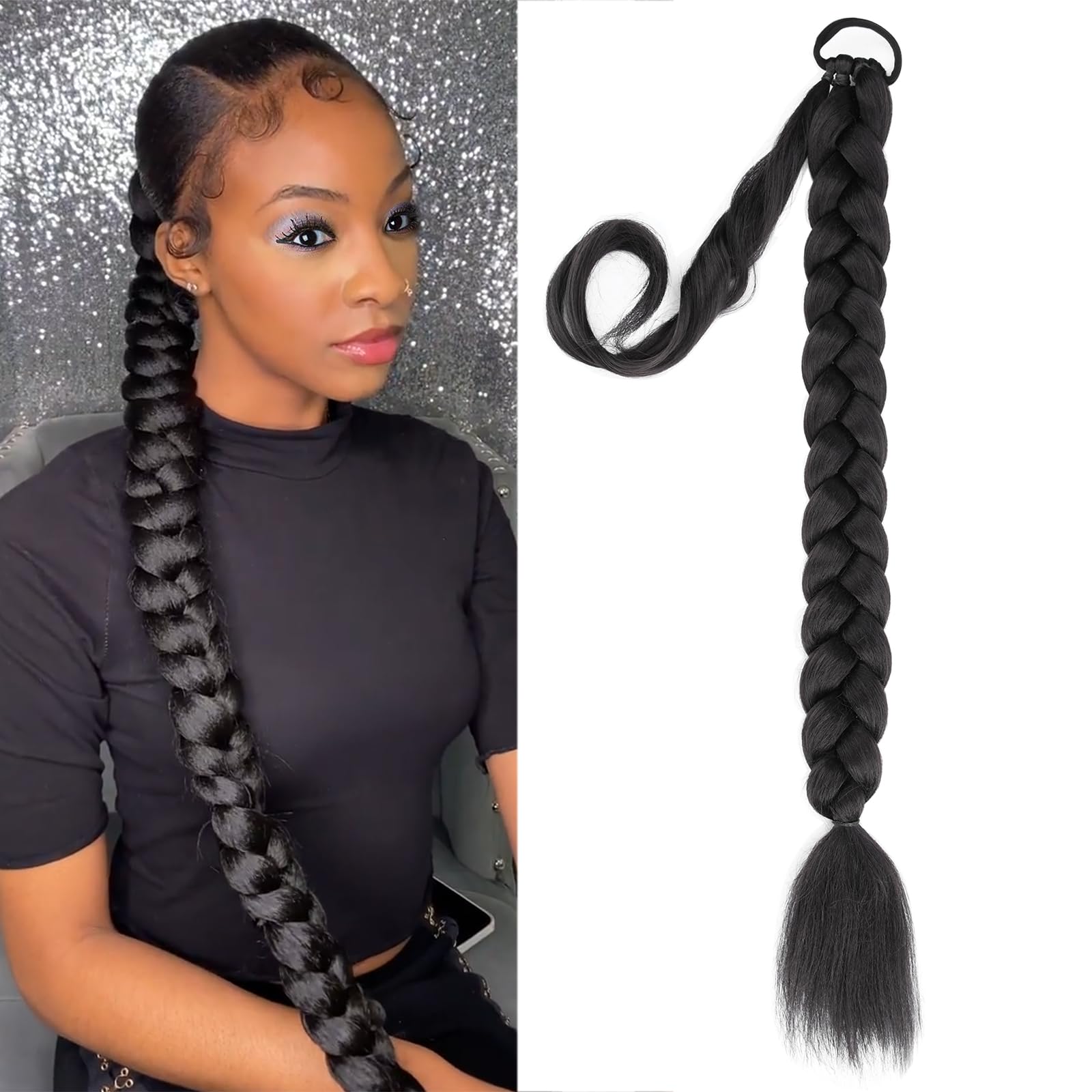 Gledola Long Braided Ponytail Extension 30 Inch Pre stretched Braiding Hair Extensions DIY Braid Ponytail Synthetic Hair Piece (Black Brown, 30 inches)