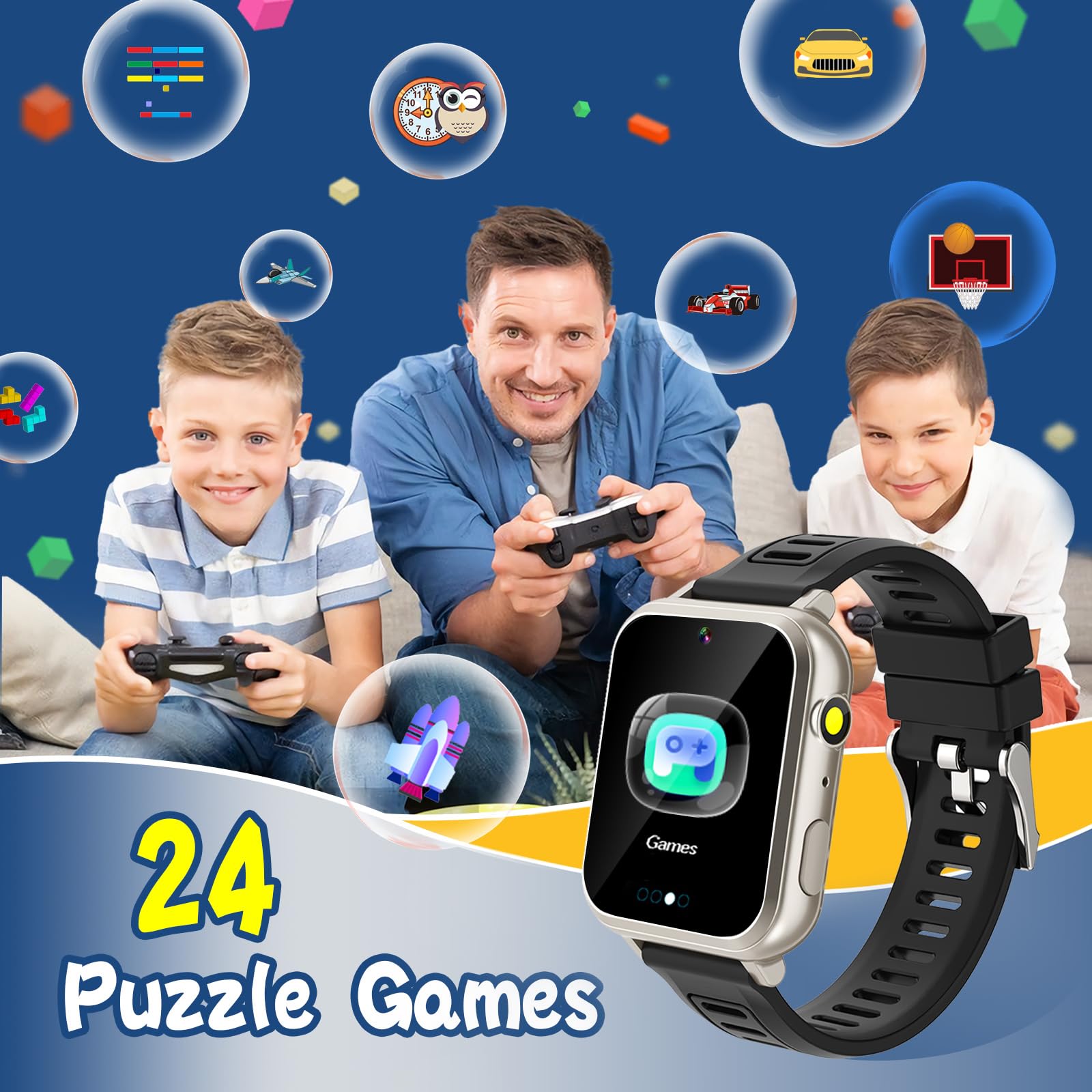 Sedzofan Kids Game Smart Watch with 24 Puzzle Games HD Touch Screen Camera Video Music Player Pedometer Alarm Clock Flashlight 12/24 hr Kids Watches Gift for 4-12 Year Old Boys Girls Toys for Kids