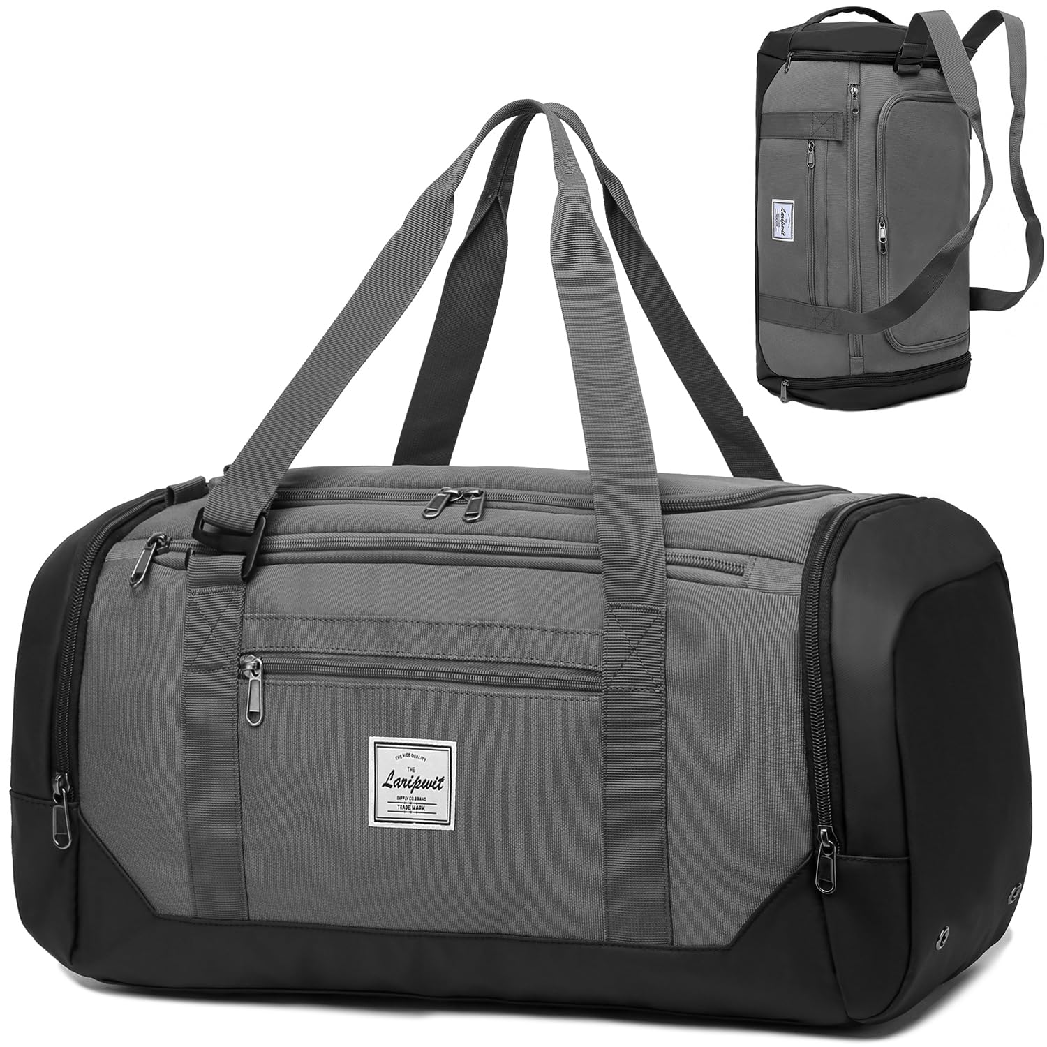 Laripwit Sports Gym Bag for Men, 40L Travel Duffle Bag with Shoe Compartment & Wet Pocket, Lightweight Duffel Bag Backpack Multipurpose Weekend Overnight Sports Holdall for Women, Grey