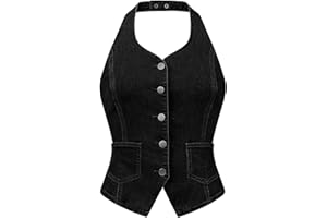 Allegra K Denim Vest for Women's Halter Neck Button Down Backless Jean Waistcoat