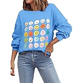 Ezcosplay Women Oversized Preppy Crewneck Ribbed Sweatshirt Happy Face Graphic Cute Y2k Loose Pullover Tops