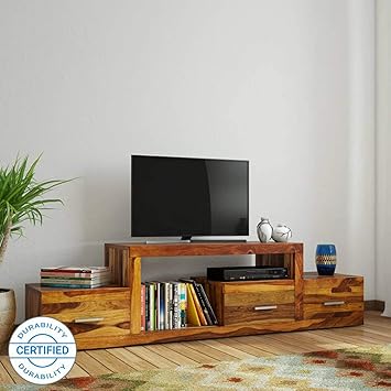 Daintree Sheesham Wood 1.75 Meter Natural Teak Finish 3 Draw Nadia TV Unit Cabinet Entertainment Stand
