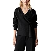 Aedceal Women's Knitted Wrap Cardigan V-Neck Long Puff Sleeves with Self-Tie Belted Waist Sweater Tops