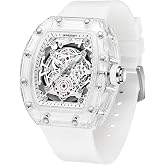 Gosasa Men's Transparent Tonneau Quartz Watch, Skeleton-Style Dial, Date | Transparent tonneau case, skeleton-style dial, quartz date display, silicone strap and 30M water resistance for daily wear.