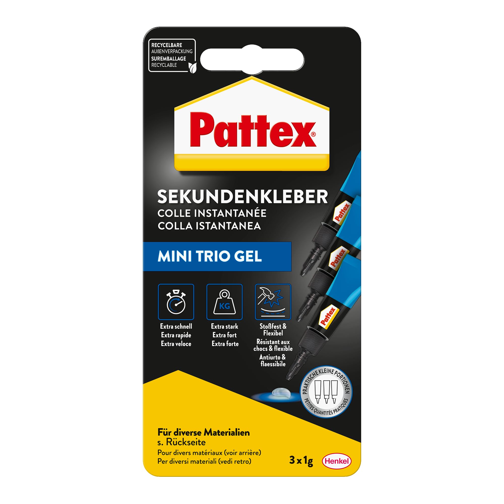 Pattex Sekundenkleber Ultra Gel Mini Trio, extra starker & flexibler Superkleber in 3 Tuben, Sekundenkleber Gel für z. B. Gummi, Leder, Holz, 3x 1 g Tube, 9H PSMG3