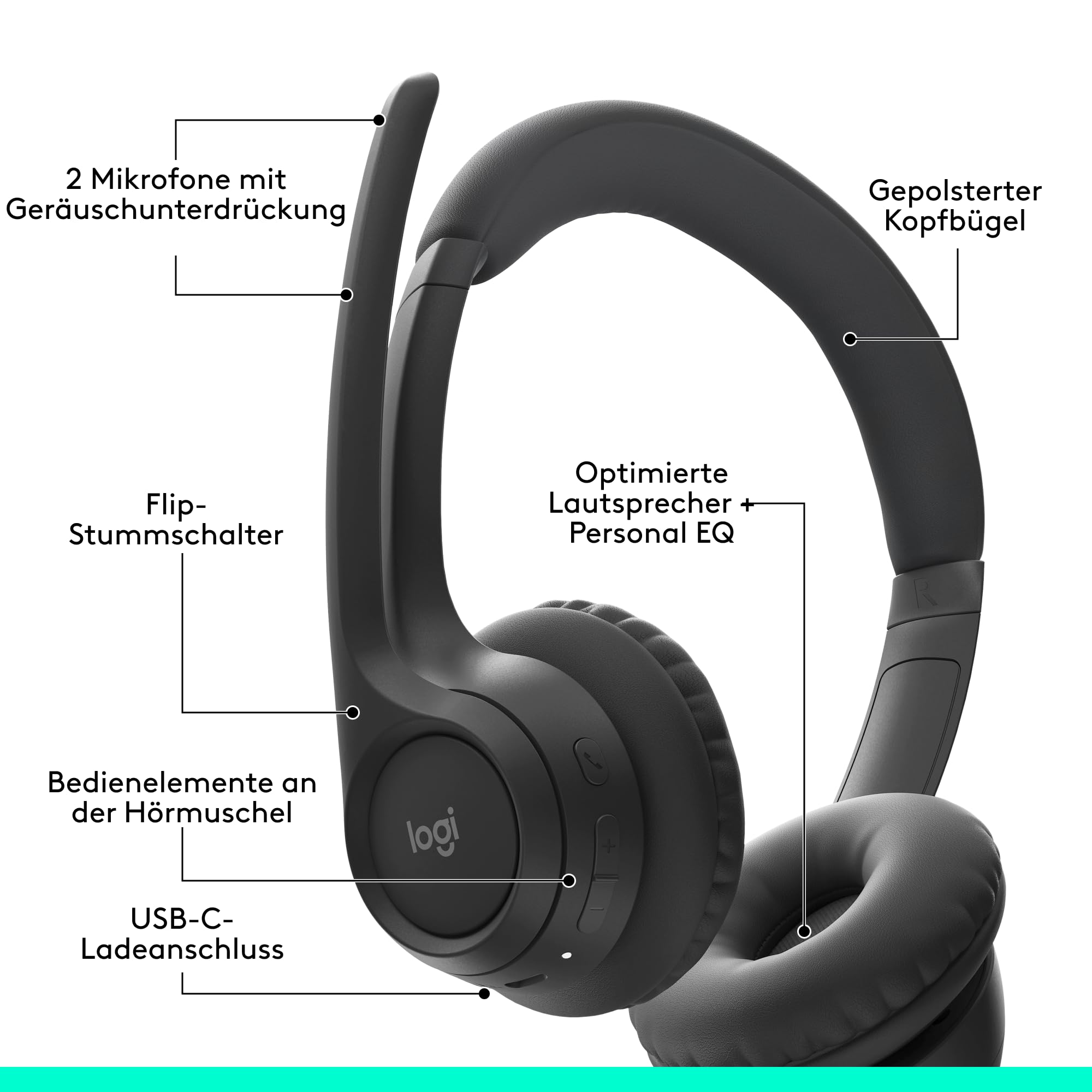Logitech Zone 300 Wireless Bluetooth Headset mit Mikrofon inkl. Geräuschunterdrückung, kompatibel mit Windows, Mac, Chrome, Linux, iOS, iPadOS, Android - Schwarz 6