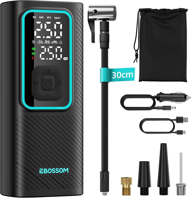 Elektrische Luftpumpe 10,3Bar,Akku Kompressor Mini 6000mAh & 12V DC-Zigarettenanzünder, Tragbare Fahrradpumpe mit alle ventile für Auto,Motorrad,Fahrrad,Pumpe mit LED-Licht,Automatischem Abschalten