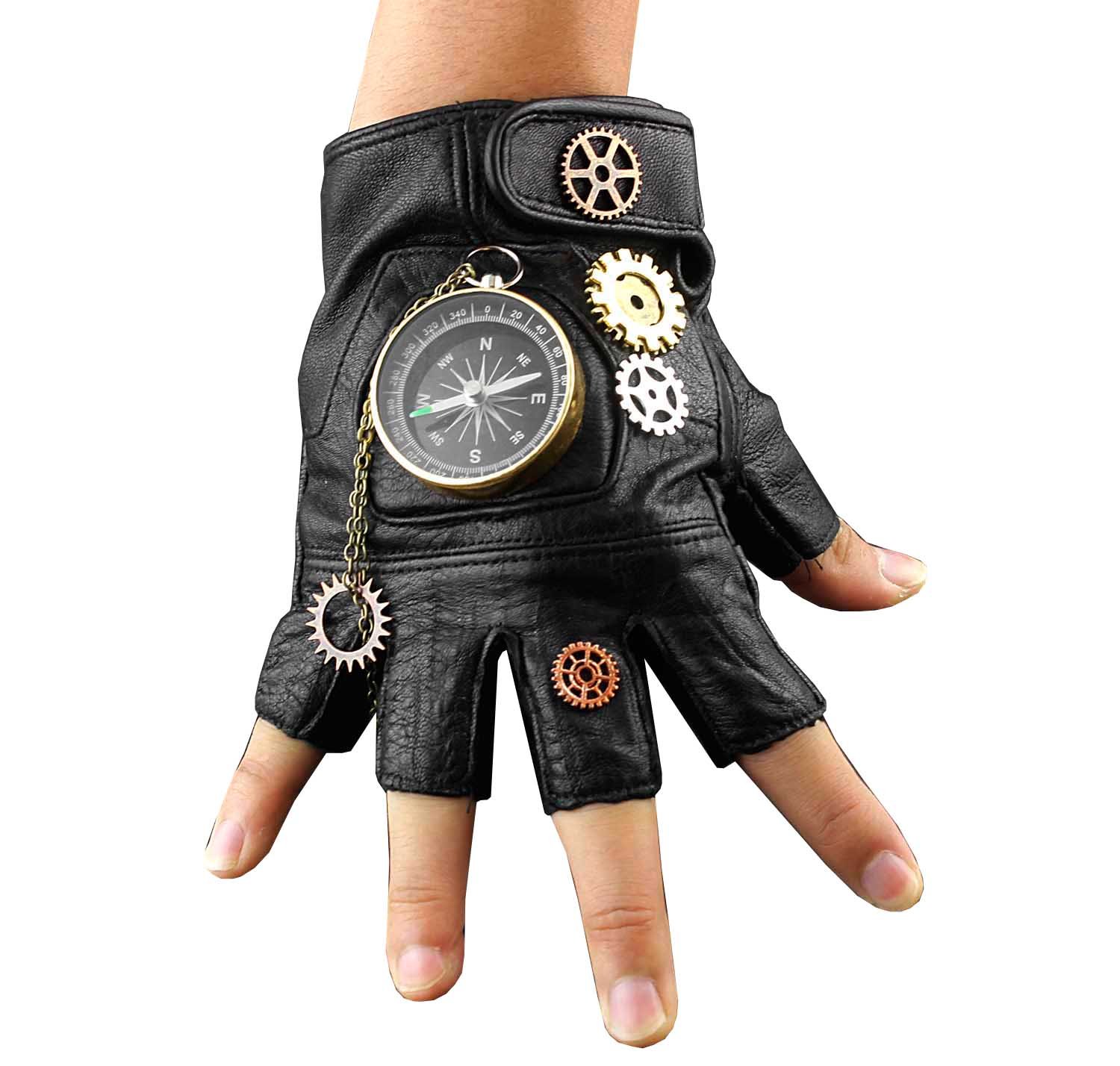 Steampunk Cosplay Compass Gears Fingerless Real Leather Gloves Men