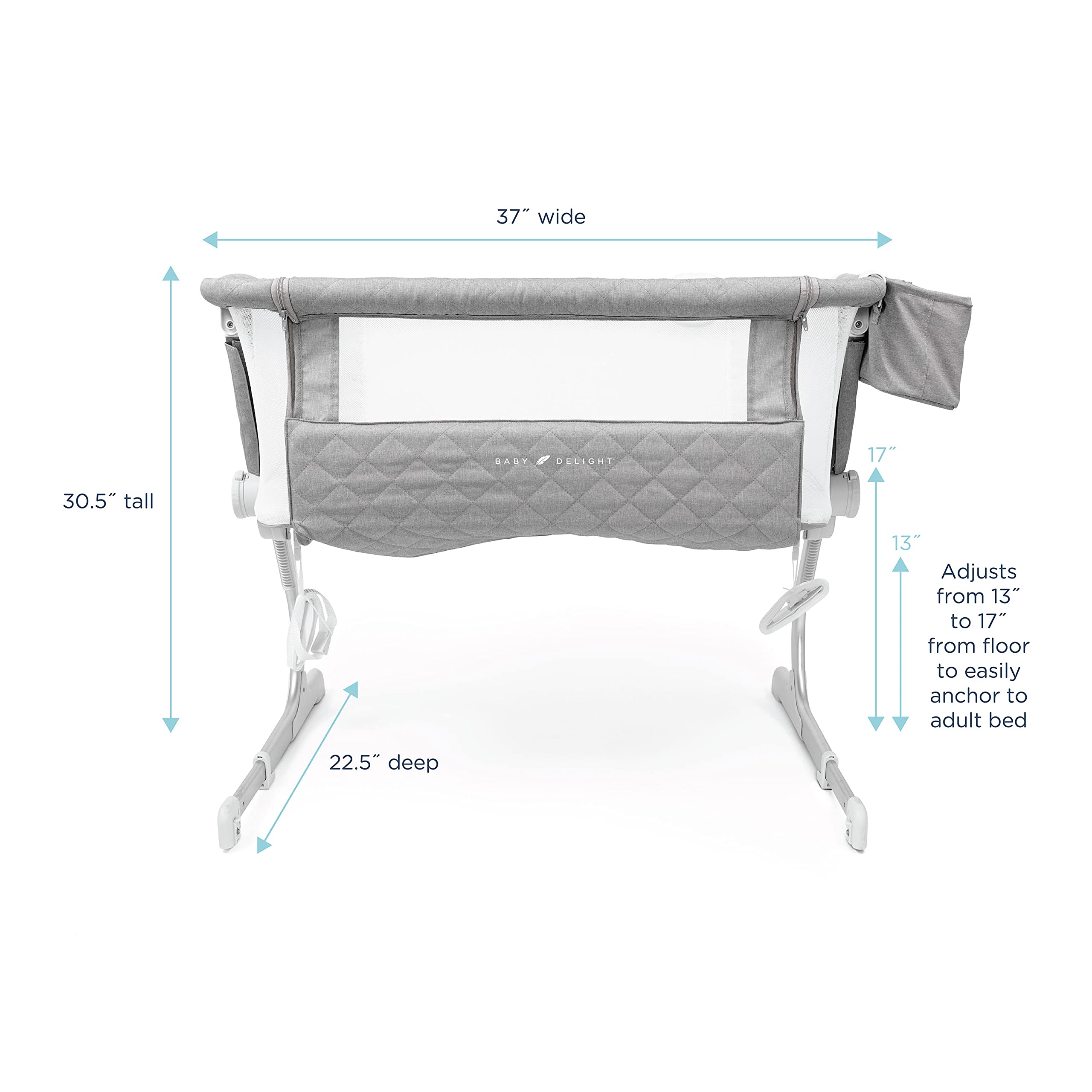 Baby Delight Beside Me Dreamer Bassinet | Bedside Sleeper | Sound Machine Included | 6 Height Adjustments | Quilted Grey