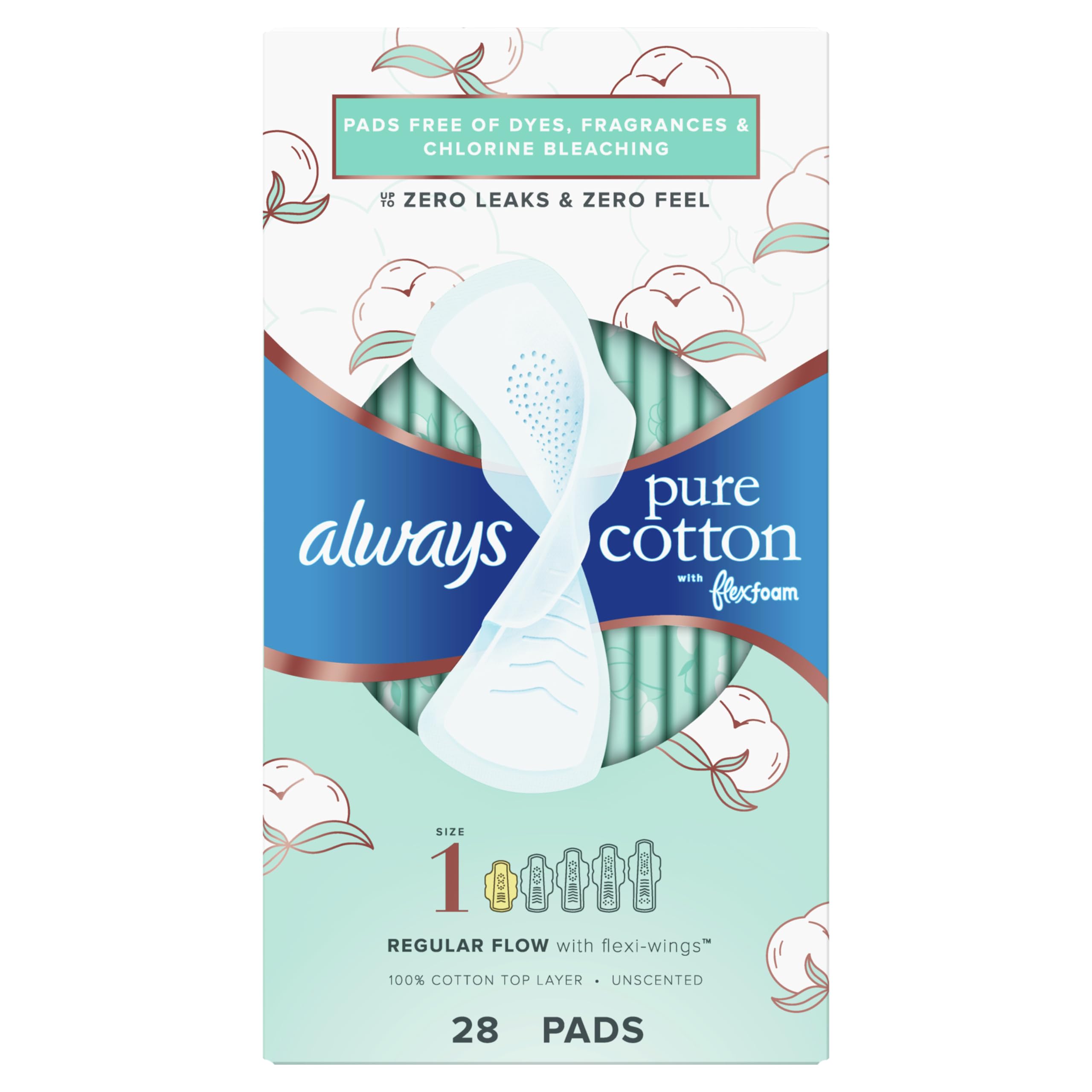 Always Pure Cotton Feminine Pads for Women, FlexFoam Pads with Wings, Size 1, Regular Absorbency, Unscented, 84 Count (3 Packs of 28)