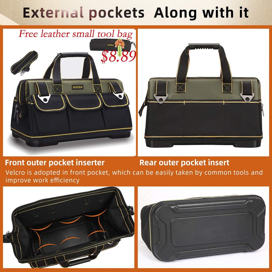 FASTECH 17-inch Wide Mouth Tool Bag with Water Proof Molded Base，Wide Mouth Tool Tote Bag, Waterproof Tool Organizer Bag for Men with Adjustable Shoulder Strap (17 inch) - - 