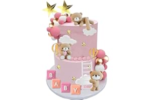 LEFUBABY Bear Cake Toppers Bear Balls Cake Decorations with BABY Letters for Boy Girl Baby Shower Birthday Party Decorations (Pink)