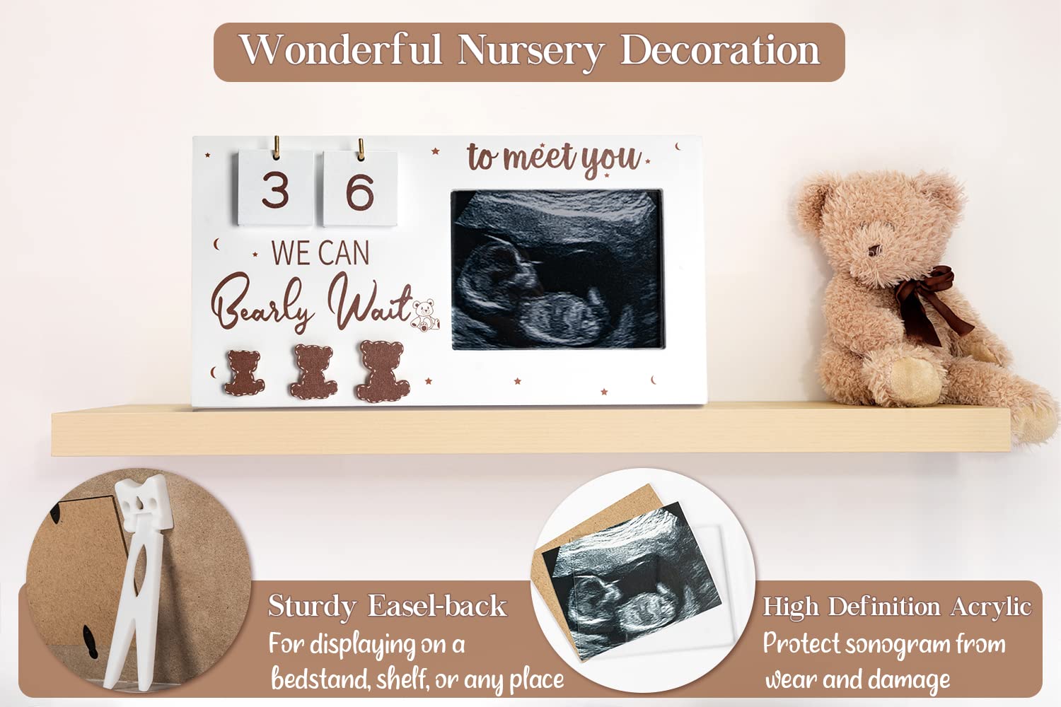 YLOVAN Expecting Parents to Be Unique Gifts for Pregnant Women, Sonogram Picture Frame Pregnancy Gift We Can Bearly Wait with Countdown Weeks, Best Mom Gift,White & Brown