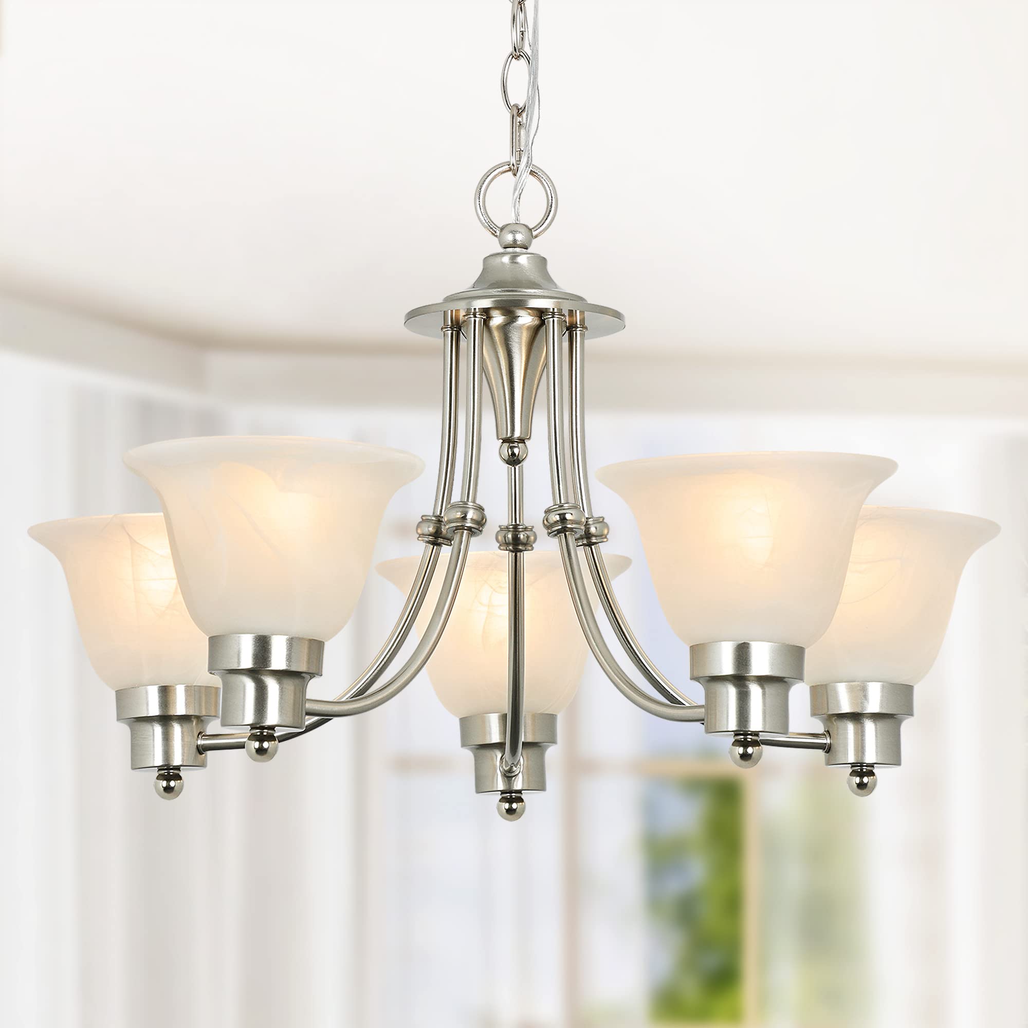 Photo 1 of Depuley 5-Light Modern Chandelier Light Fixtures, 21" Contemporary Chandelier Brushed Nickel with Glass Shade, Adjustable Ceiling Hanging Pendant Lighting for Dining Room, E26 LED Bulbs (Not Included)