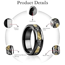 NUNCAD 8mm Black Tungsten Rings for Men, Meteorite