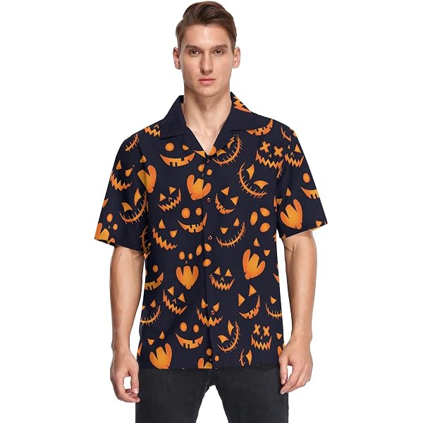Visesunny Men's Hawaiian Shirt – Short Sleeve Button Down, Pumpkin Halloween Pattern, Quick-Dry & Lightweight - View #4