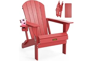 Carauci Plastic HDPE Adirondack Chair, Folding Adirondack Chair Weather Resistant with Cup Holder, Wooden Textured Fire Pit Outdoor Chair for Garden, Porch, Lawn, Backyard, Supports 380LBS, Red