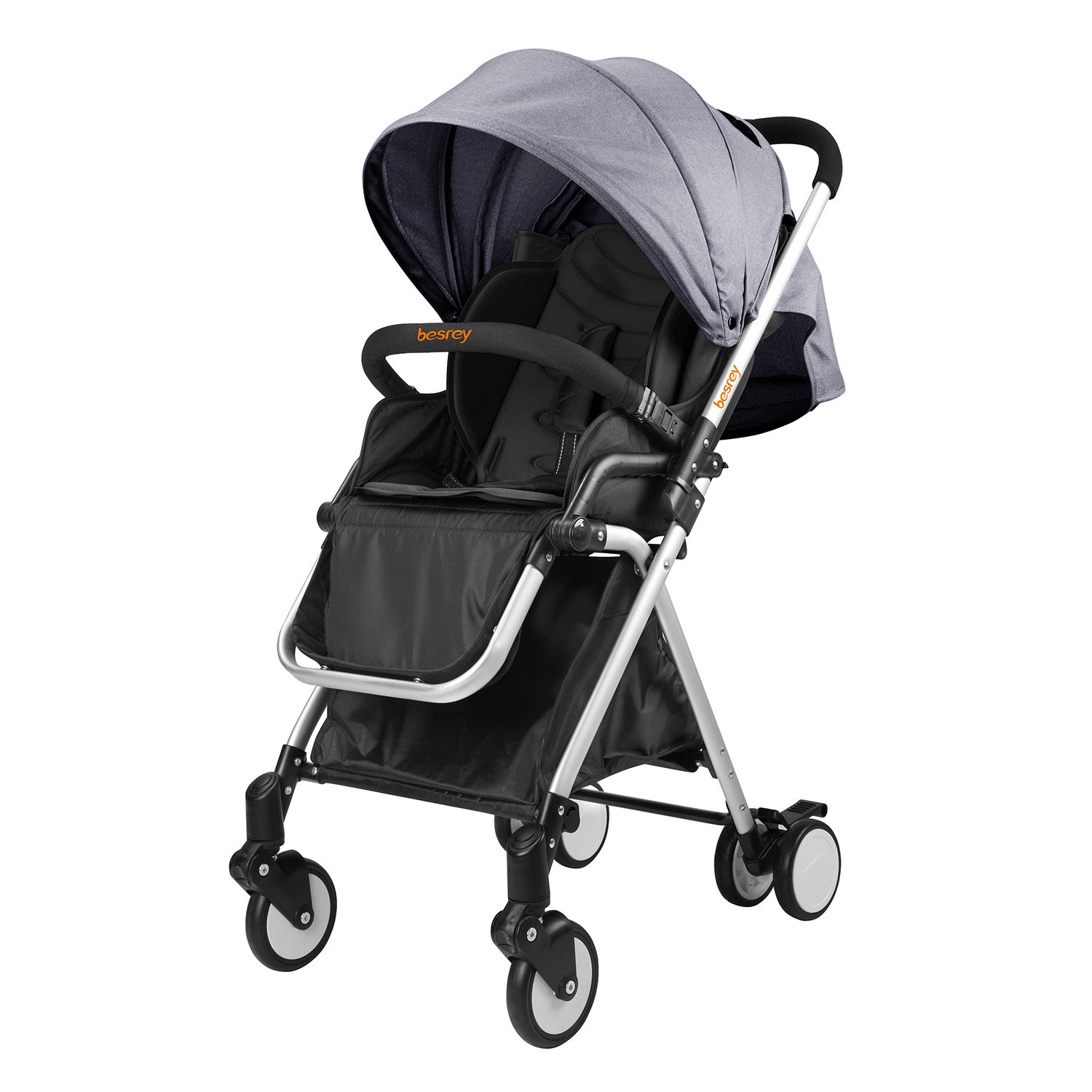 Besrey leicht Kinderwagen Buggy mit Liegeposition klein klappbar mit Regenschutz- grau