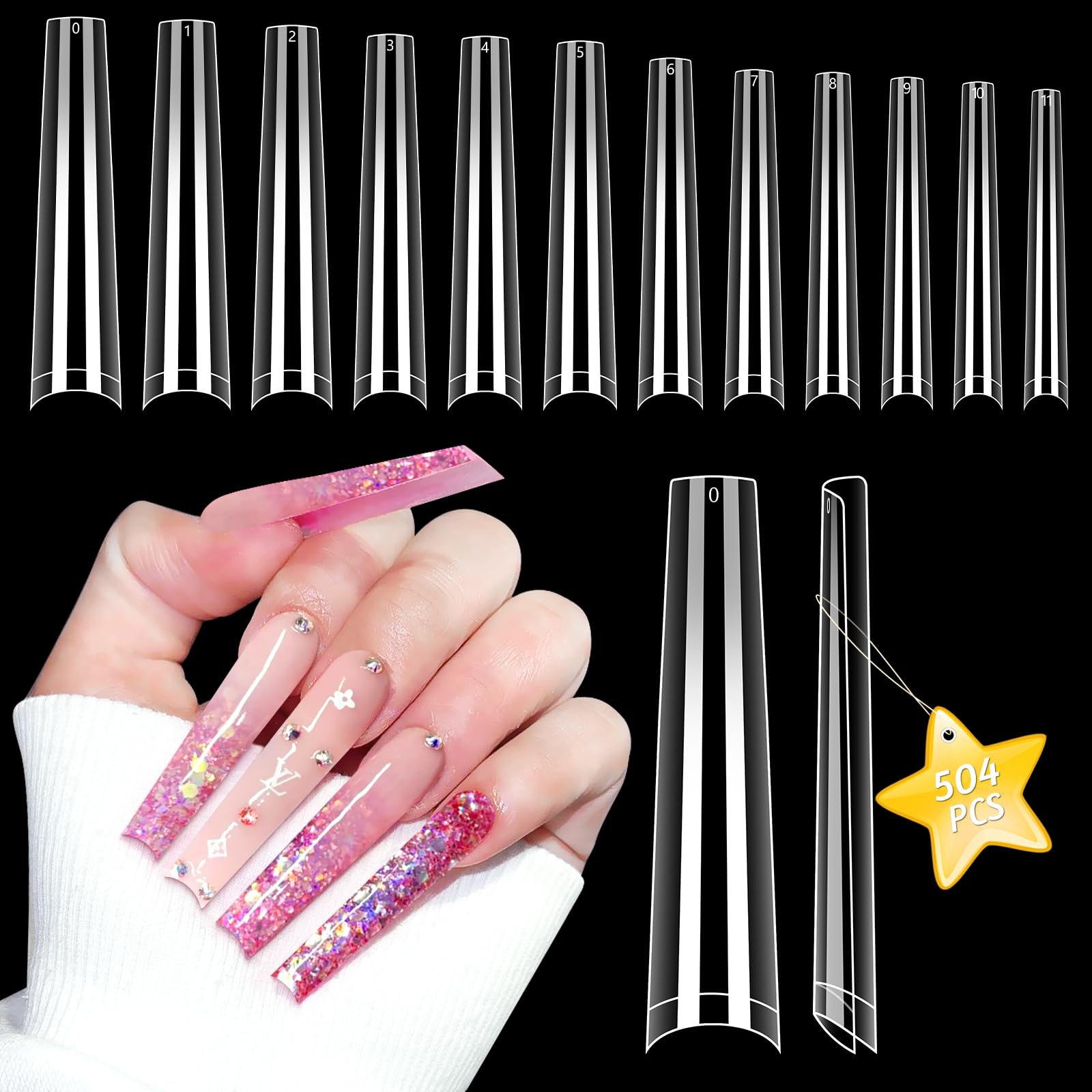 Photo 1 of 3XL NO C Curve Coffin Nail Tips for Acrylic Nails Professional, 504PCS Clear Extra Long Tapered Square Nail Tip, 12 Sizes Straight Press On Gel Nail Tips for Nail Salons Home DIY