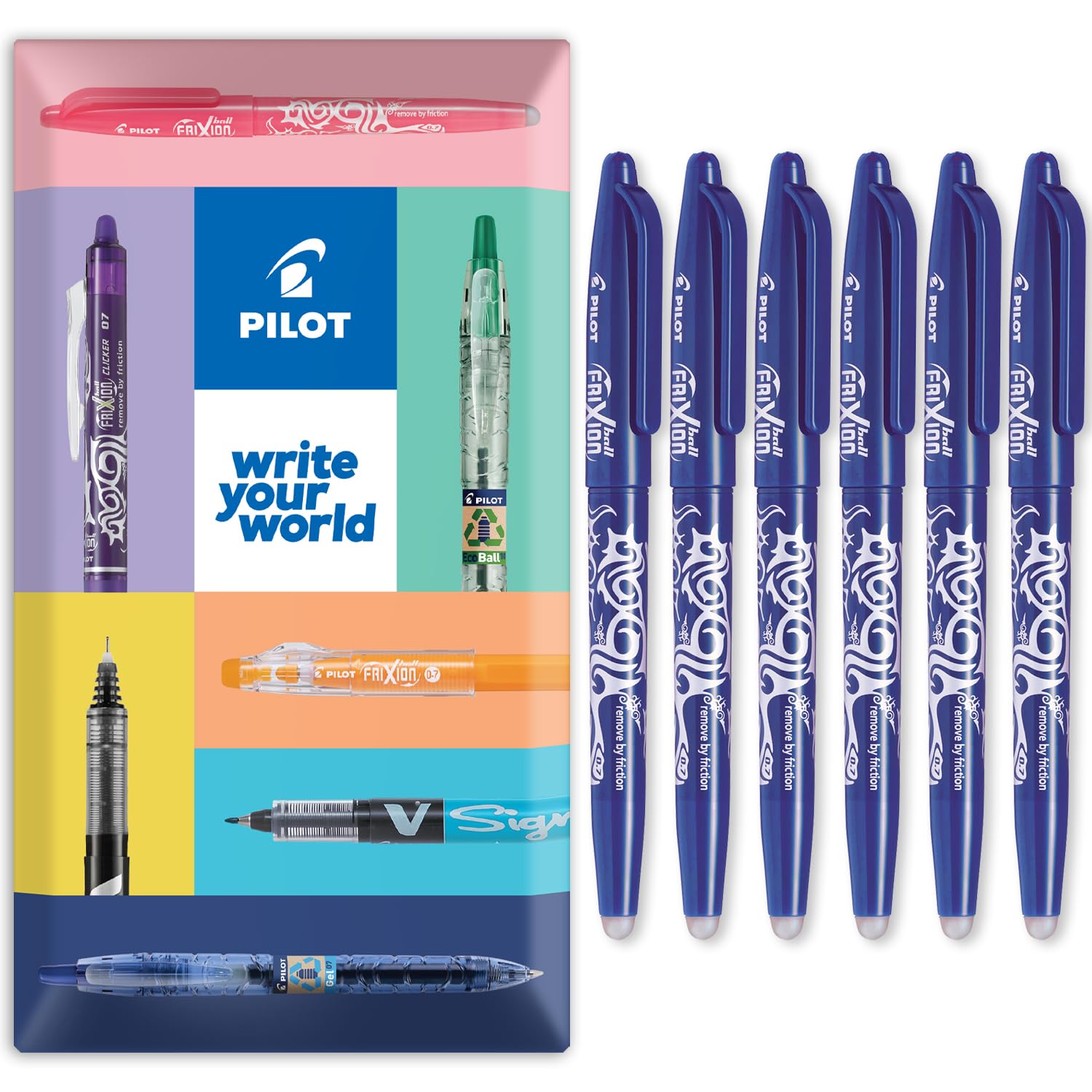 PILOT Frixion Heat/Friction Erasable Rollerball Pen FR7 - Medium Line 0.7mm Tip Nib - In Envelope Gift Packaging - Pack of 6 - Blue