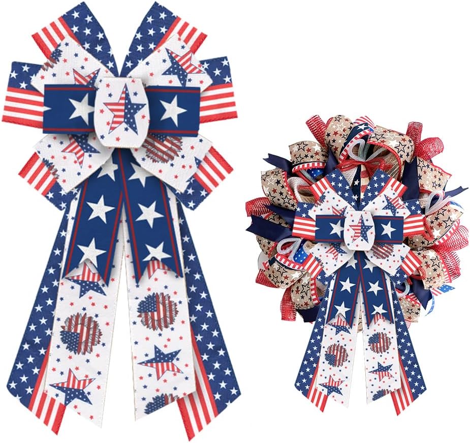 Bows & Ribbons - ALIBBON Large Patriotic Bows for Wreath, Labor Day Wreath Bows, American Flag Wreath Bows for Front Door, 4th of July Decor, Veterans Day Burlap Bows for Wreath Indoor Outdoor Decoration