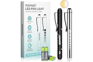 RISEMART Pen Light, Nurse Led Medical Penlight with Pupil Gauge for Nursing Students Doctors Black and Silver with Batteries