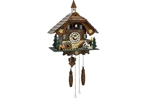 HUGE HAPPINESS Cuckoo Clock Wall Decor, Animated Scene, 12 Melodies, Volume Control, Night Mode, Black Forest Style Retro Handcrafted Wooden Chalet, Traditional Rustic Home Decoration, Gift for Family
