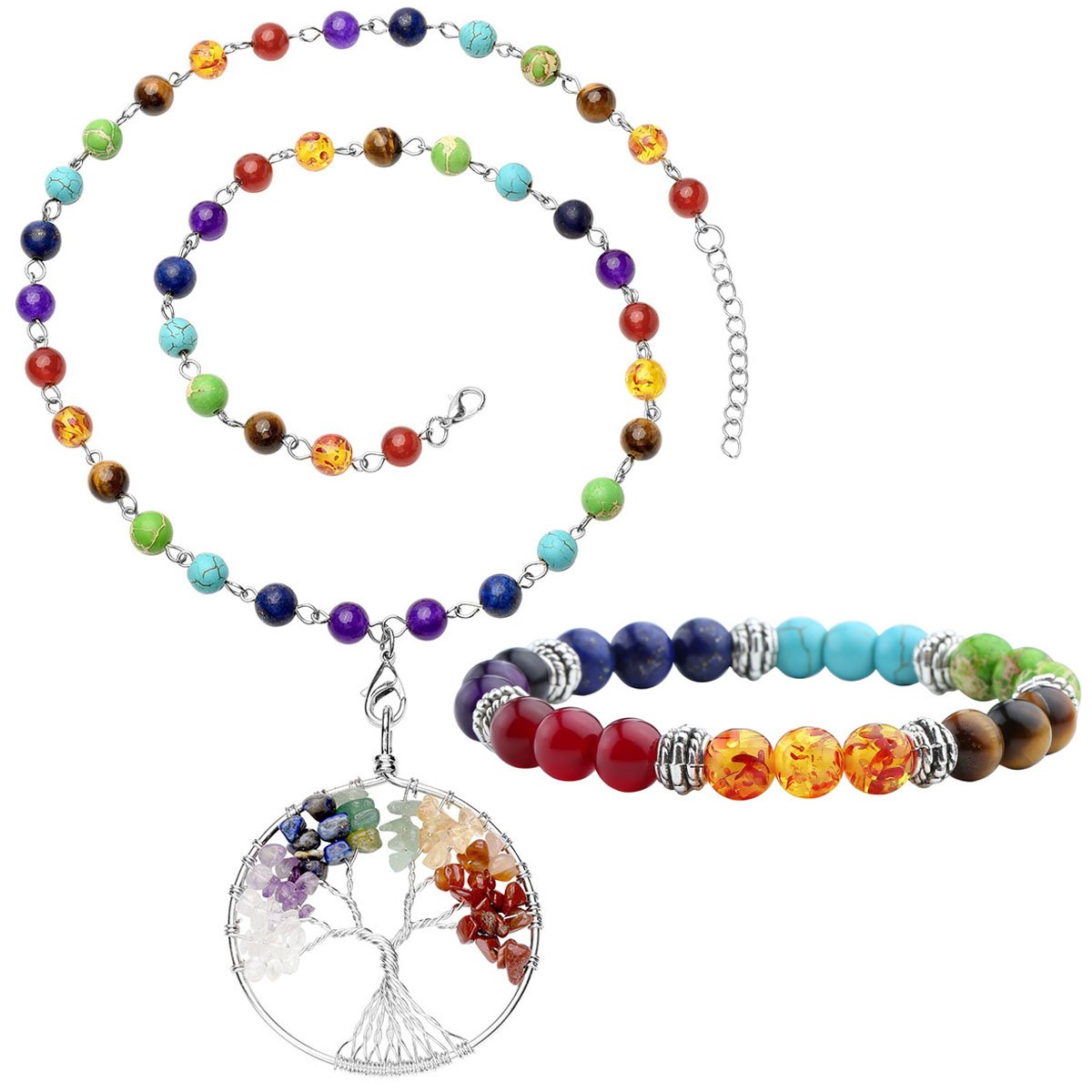 Top Plaza 7 Chakra Gemstones Tree of Life Healing Crystal Energy Yoga Balance Meditation Semi Precious Beads Necklace Bracelet Set(#1 Silver Round)