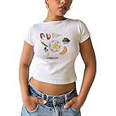 Chloefairy Women's Casual Tees Short Sleeve E-Girls Graphic Print Slim Fit Summer Crop Top for Teen Girls