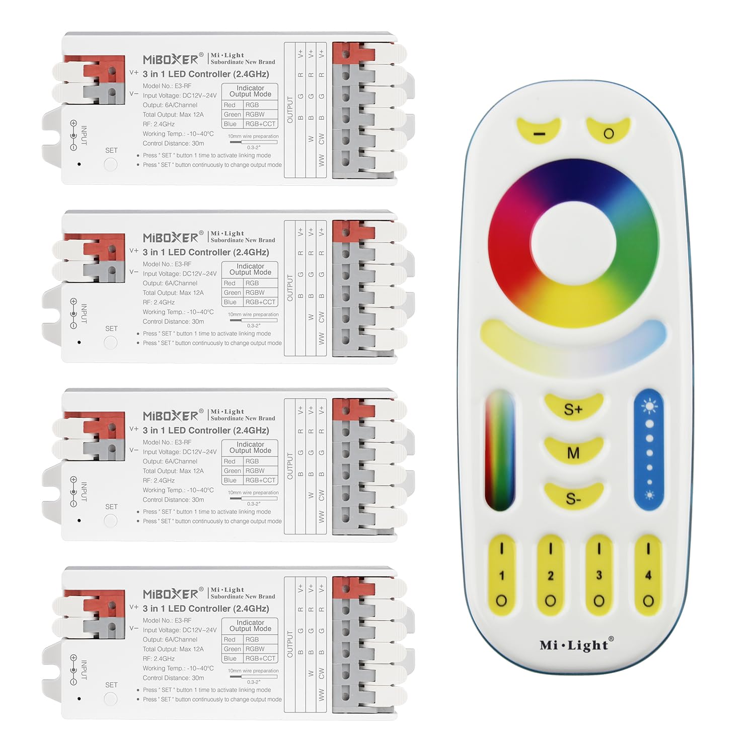 LIGHTEU®, Milight Miboxer 3 in 1 LED Controller (2.4GHz) RGB RGBW RGBCCT LED strip controller DC12V/24V Support DMX512, PWM high/low Frequency, 4x E3-RF + FUT092