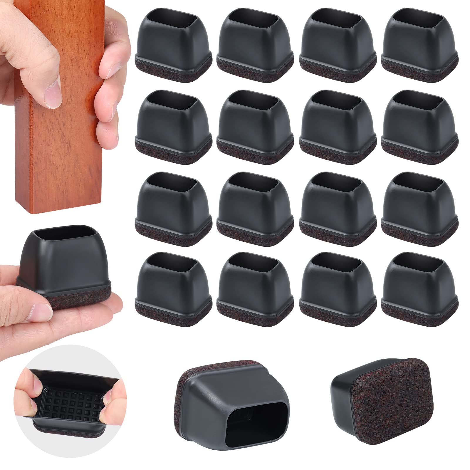 16PCS Chair Leg Floor Protectors, Square Chair Leg Caps with Felt Pads, Black Silicone Furniture Leg Cover Pad, Prevents Scratches and Noise, Fit W 24-30mm, L 34-42mm