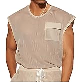 WDIRARA Men's Fishnet Sheer Mesh See Through Round Neck Sleeveless Party Club Tank Top with Pocket