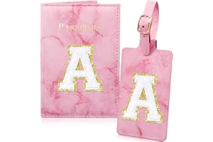 GIESIERY Pink Passport Cover Cute Passport Book Holder for Travel Luggage Tag Set with Initial Monogram Letter Marble Airplane Travel Essentials Personalized Cruise Accessories Trip Favor Gifts for Women Girls