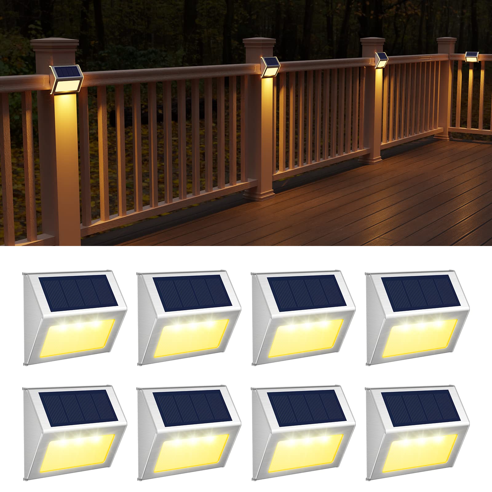Photo 1 of JSOT Solar Lights Outdoor for Deck,Waterproof Solar Powered Steps Light Outdoor Wireless LED Lamp Fence Lighting Walkway Patio Stair Garden Path Rail Backyard Fences Post 8 Pack Warm White