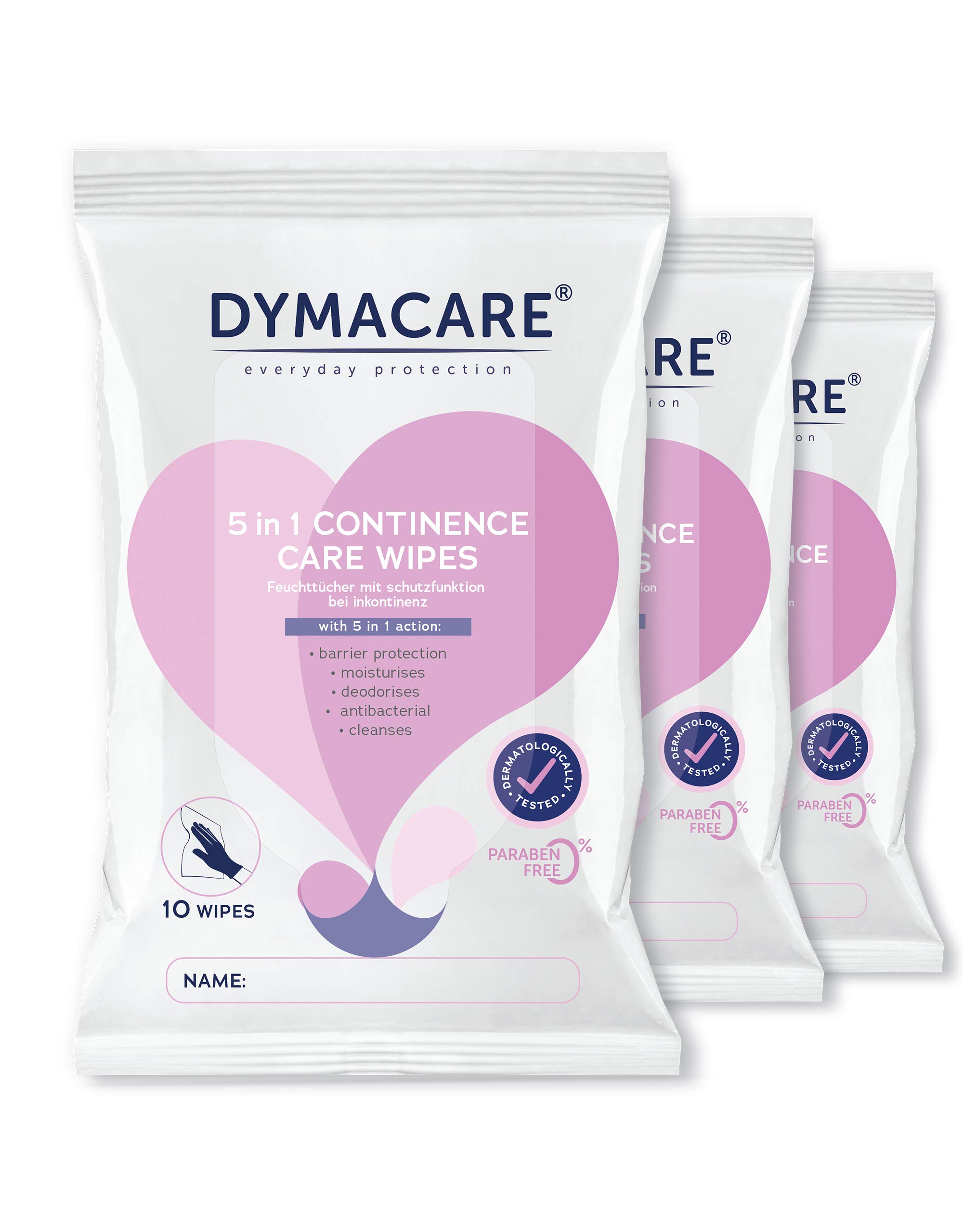 DYMACARE 5 in 1 Continence Care Wipes | Adult Scented Premium Disposable Incontinence Cloths | Skin Cleansing Wipes with Barrier Protection | 3 Packs (30 Wipes in Total)