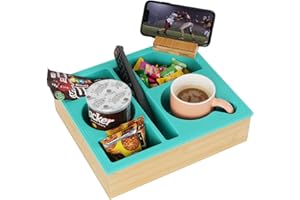 Couch Cup Holder Tray, Hitseon Handy Silicone Bamboo Couch Caddy with Rotatable Phone Holder for Bed Car Seat Organizer, Waterproof Anti-Spill Couch Drink Holder for Snacks Beverage Remote (Green)
