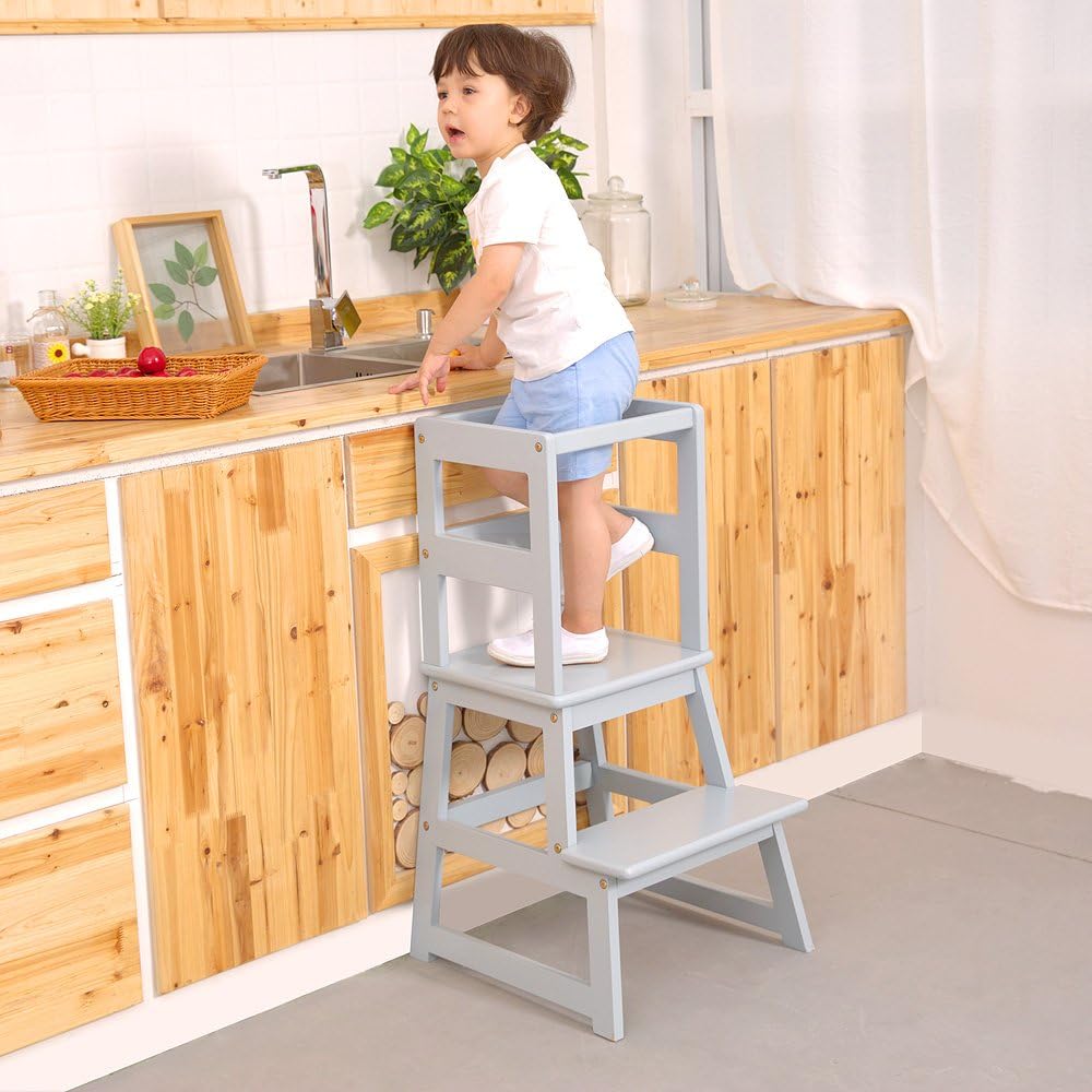 UNICOO - Kids Learning Stool, Kids Kitchen Step Stool, Toddler Stool with Safety Rail-Solid Hardwood Construction. Perfect for Toddlers - (LT01-Light Blue)