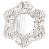 Flexzion Hanging Wall Mirror with Sun Moon Macrame Fringe Round Mirror Sunburst Art Boho Rustic Decor for Wall Mounted Living Room Bedroom Kitchen Baby Nursery Feng Shui Makeup (Cream White)