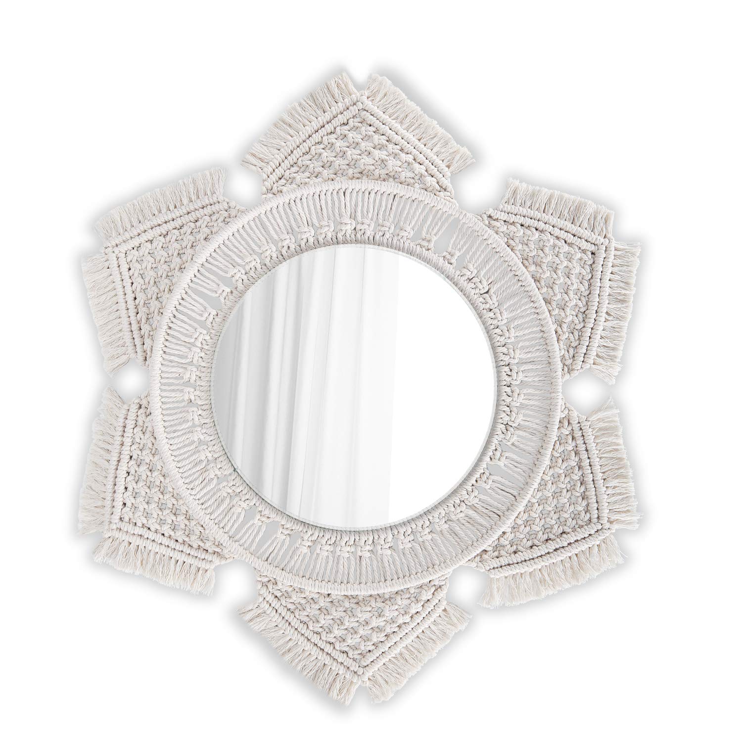 Flexzion Hanging Wall Mirror with Sun Moon Macrame Fringe Round Mirror Sunburst Art Boho Rustic Decor for Wall Mounted Living Room Bedroom Kitchen Baby Nursery Feng Shui Makeup (Cream White)