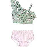 RuffleButts Girls UPF50+ Sun Protection One Shoulder Ruffle Tankini Two Piece Swimsuit