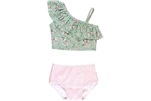 RuffleButts Little Girls Rash Guard 2-Piece Long Sleeve Swimsuit Set - Aqua Stripe Polka Dot UPF 50+ Sun Protection